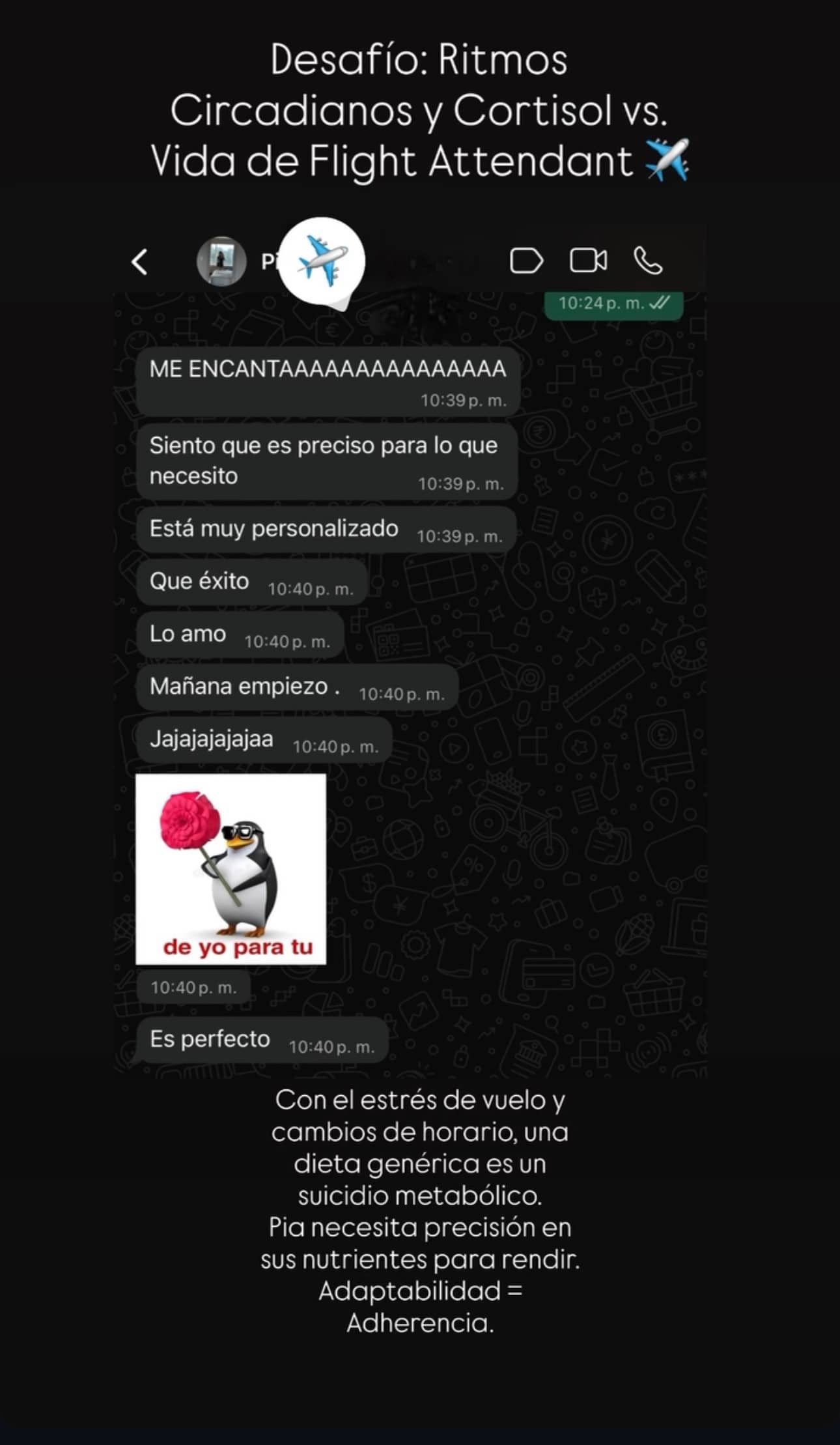 Testimonio de Pia, flight attendant: plan personalizado para ritmos circadianos y estrés de vuelo.