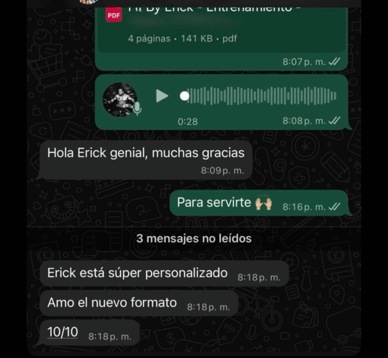 Testimonio de cliente Fit By Erick sobre resultados del plan personalizado.