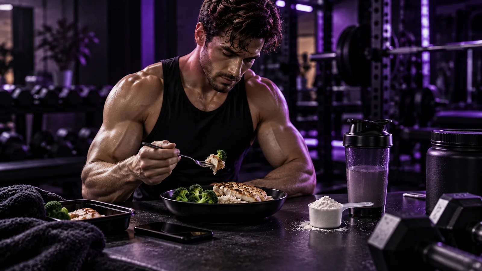 Atleta consumiendo una comida completa orientada al rendimiento deportivo