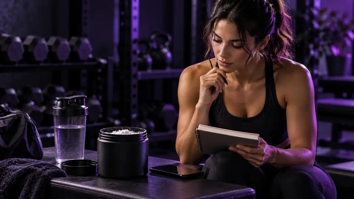Atleta revisando su planificación junto a un shaker y un suplemento sin marca