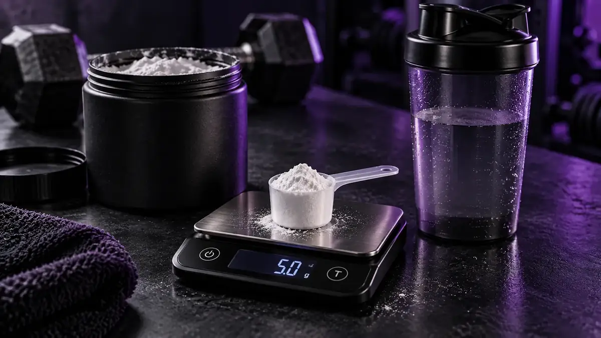 Scoop de creatina sobre una balanza digital junto a un shaker con agua